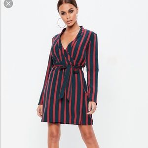 Red Contrast Stripe Tie Waist Shift Blazer Dress